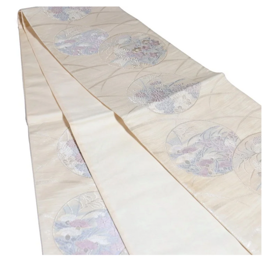 Obi: Floral Pattern, Autumn Grass Pattern, Fashionable Cream Color