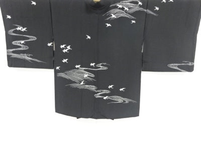 Seagull Pattern Haori on the Waves - Elegant Black Silk Kimono Jacket