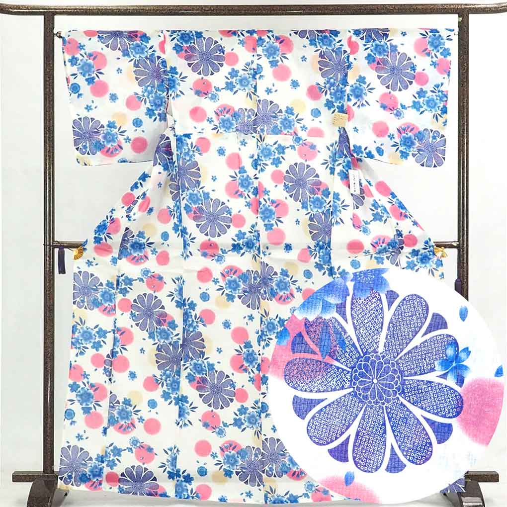 Yukata White Background Floral Pattern Single Robe Cotton Kimono