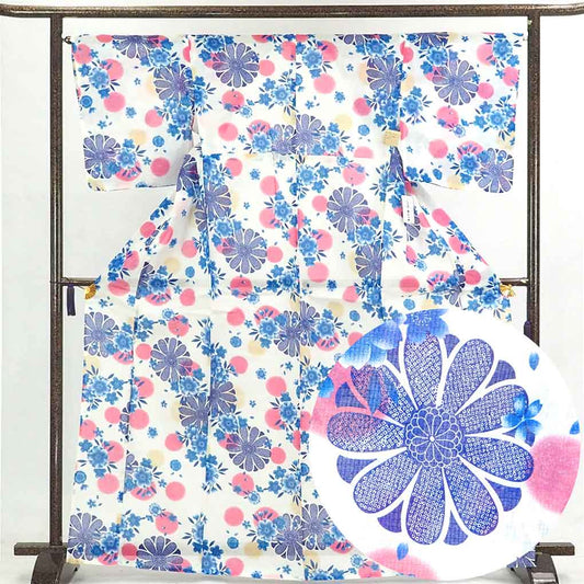 Yukata White Background Floral Pattern Single Robe Cotton Kimono